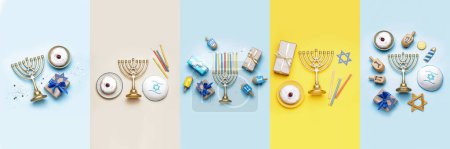 Photo for Collage with different symbols of Hannukah and gifts on color background - Royalty Free Image
