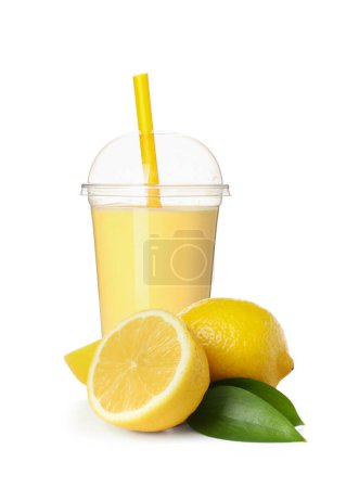 Photo for Plastic cup of tasty bubble tea with lemon on white background - Royalty Free Image
