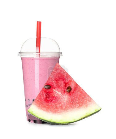 Photo for Plastic cup of tasty bubble tea with watermelon on white background - Royalty Free Image