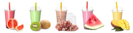 Photo for Set of different tasty bubble tea with fruits on white background - Royalty Free Image