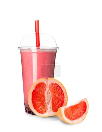 Photo for Plastic cup of tasty bubble tea with grapefruit on white background - Royalty Free Image