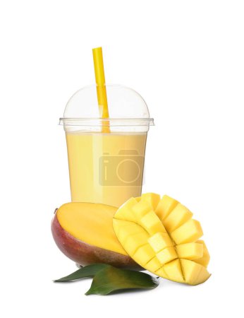 Photo for Plastic cup of tasty bubble tea with mango on white background - Royalty Free Image
