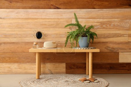 Téléchargez les photos : Banc avec plante d'intérieur, chapeau, diffuseur de roseau et miroir près du mur en bois - en image libre de droit