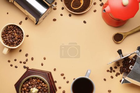 Frame made of geyser coffee makers, grinder, beans and espresso on beige background