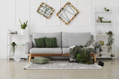 Téléchargez les photos : Intérieur du salon désordonné avec canapé gris, étagères et plantes d'intérieur - en image libre de droit
