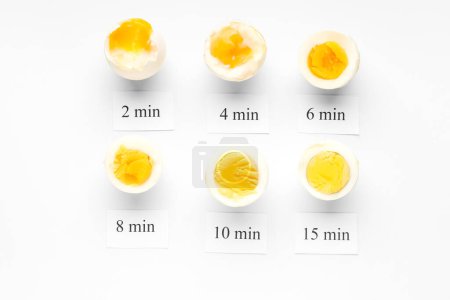 Photo for Timing of boiling chicken eggs on white background - Royalty Free Image