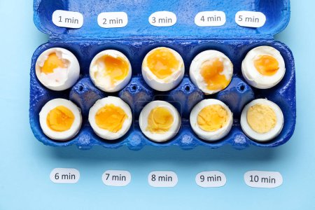 Photo for Timing of boiling chicken eggs on blue background - Royalty Free Image