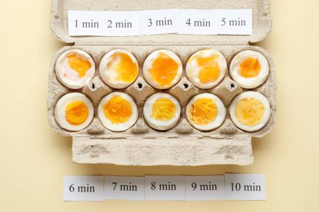 Photo for Timing of boiling chicken eggs on yellow background - Royalty Free Image