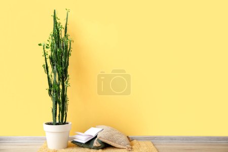 Foto de Libro abierto sobre almohadas y cactus verde cerca de la pared amarilla - Imagen libre de derechos