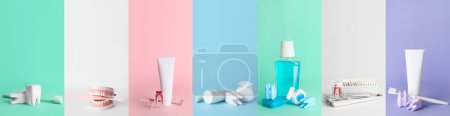 Foto de Collage con herramientas y artículos de dentista para la higiene bucal sobre fondo colorido - Imagen libre de derechos
