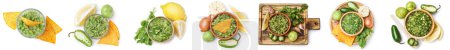 Téléchargez les photos : Collage de sauce salsa verte savoureuse sur fond blanc, vue sur le dessus - en image libre de droit