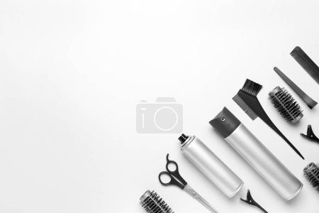 Téléchargez les photos : Sprays capillaires avec brosses et ciseaux sur fond blanc - en image libre de droit