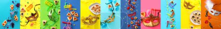 Foto de Colección de sabrosas galletas hamantaschen y decoración para Purim sobre fondo de color - Imagen libre de derechos