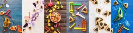 Foto de Collage de sabrosas galletas hamantaschen y decoración para Purim sobre fondo de color - Imagen libre de derechos