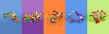 Foto de Collage de sabrosas galletas hamantaschen y decoración para Purim sobre fondo de color, vista superior - Imagen libre de derechos