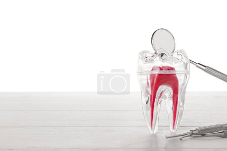 Foto de Diente de plástico con herramientas dentales sobre la mesa sobre fondo blanco - Imagen libre de derechos