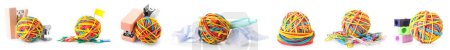 Téléchargez les photos : Collection of colorful rubber band balls with office supplies on white background - en image libre de droit