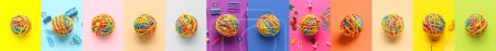 Téléchargez les photos : Set of colorful rubber band balls with stationery on color background - en image libre de droit
