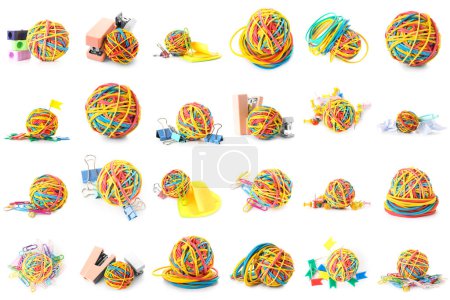 Téléchargez les photos : Collage of colorful rubber band balls with stationery on white background - en image libre de droit
