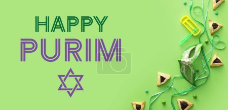Beautiful greeting card for Happy Purim with Hamantaschen cookies and carnival mask on green background