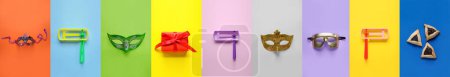 Foto de Collage of traditional symbols of Purim and gift on color background - Imagen libre de derechos