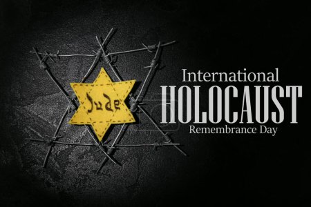 Foto de David star and barbed wire on dark background. International Holocaust Remembrance Day - Imagen libre de derechos