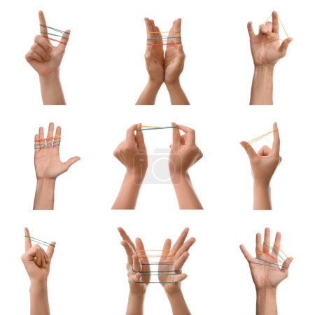 Group of hands with rubber bands on white background