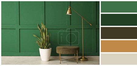 Photo for Modern standard lamp, houseplant and pouf near green wall in room. Different color patterns - Royalty Free Image