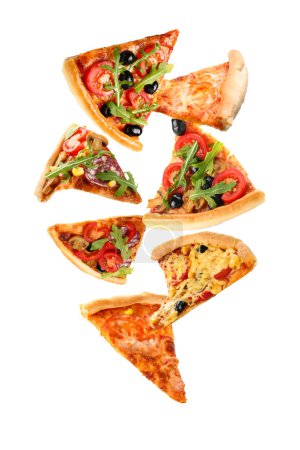 Photo for Flying slices of tasty pizzas on white background - Royalty Free Image