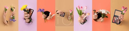 Téléchargez les photos : Collage of female hands holding makeup brushes, decorative cosmetics and fresh flowers through holes in color paper. International Women's Day - en image libre de droit