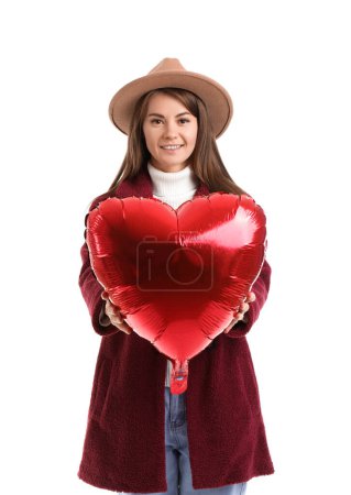 Photo for Young woman in hat with balloon for Valentine's Day on white background - Royalty Free Image