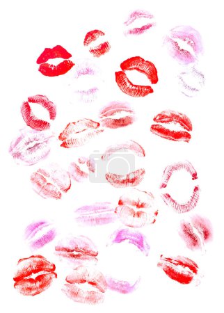 Foto de Lipstick kiss marks on white background - Imagen libre de derechos