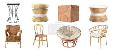 Photo for Collage of stylish rattan furniture on white background - Royalty Free Image