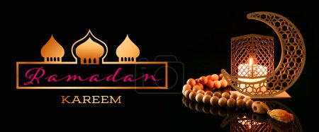 Photo for Greeting card for Ramadan with Arabic candle holder and prayer beads on black background - Royalty Free Image