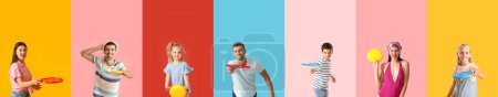 Téléchargez les photos : Set of different people playing frisbee on colorful background - en image libre de droit