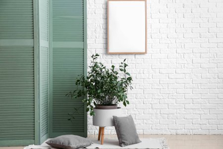 Green folding screen, plant and pillows near white wall