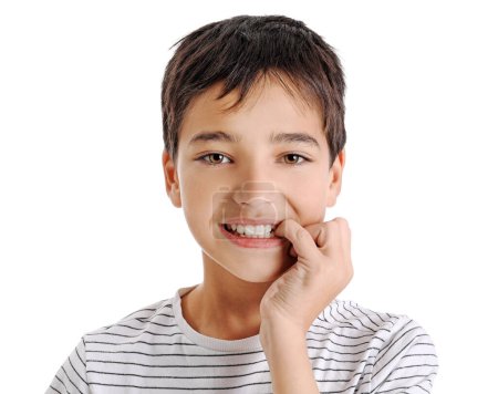 Foto de Little boy biting nails on white background, closeup - Imagen libre de derechos