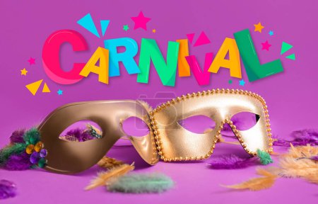 Photo for Carnival masks with feathers on purple background - Royalty Free Image