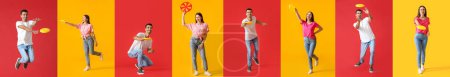 Photo for Set of young people playing frisbee on color background - Royalty Free Image