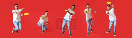 Photo for Set of young man playing frisbee on red background - Royalty Free Image