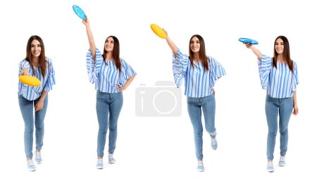 Photo for Set of beautiful young woman playing frisbee on white background - Royalty Free Image