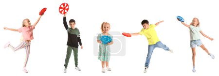 Photo for Set of cute children playing frisbee on white background - Royalty Free Image
