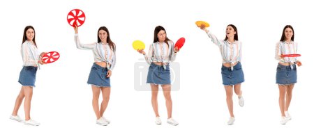 Photo for Set of beautiful young woman playing frisbee isolated on white - Royalty Free Image