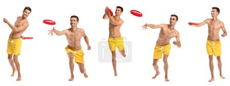 Photo for Set of young man playing frisbee isolated on white - Royalty Free Image