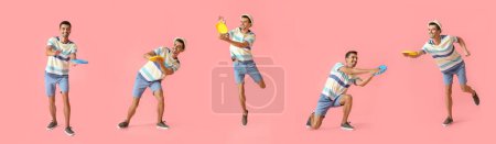 Photo for Set of young man playing frisbee on pink background - Royalty Free Image