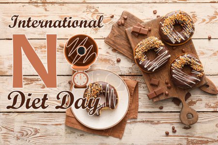Photo for Banner for International No Diet Day with delicious chocolate donuts - Royalty Free Image