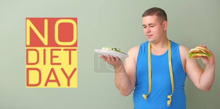 Photo for Overweight man with measuring tape, salad and burger on grey background. International No Diet Day - Royalty Free Image