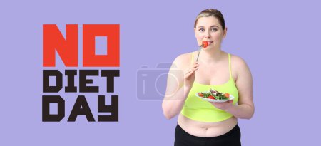 Photo for Overweight woman with salad on violet background. International No Diet Day - Royalty Free Image