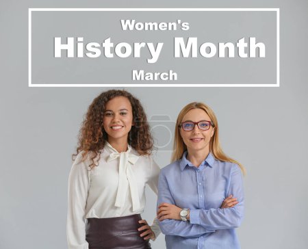 Beautiful businesswomen on grey background. Women's History Month