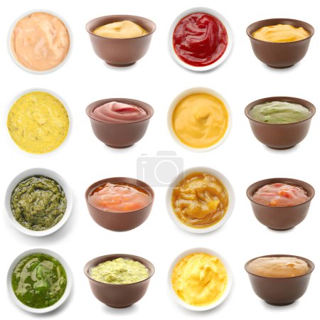 Photo for Collection of tasty sauces in bowls on white background - Royalty Free Image